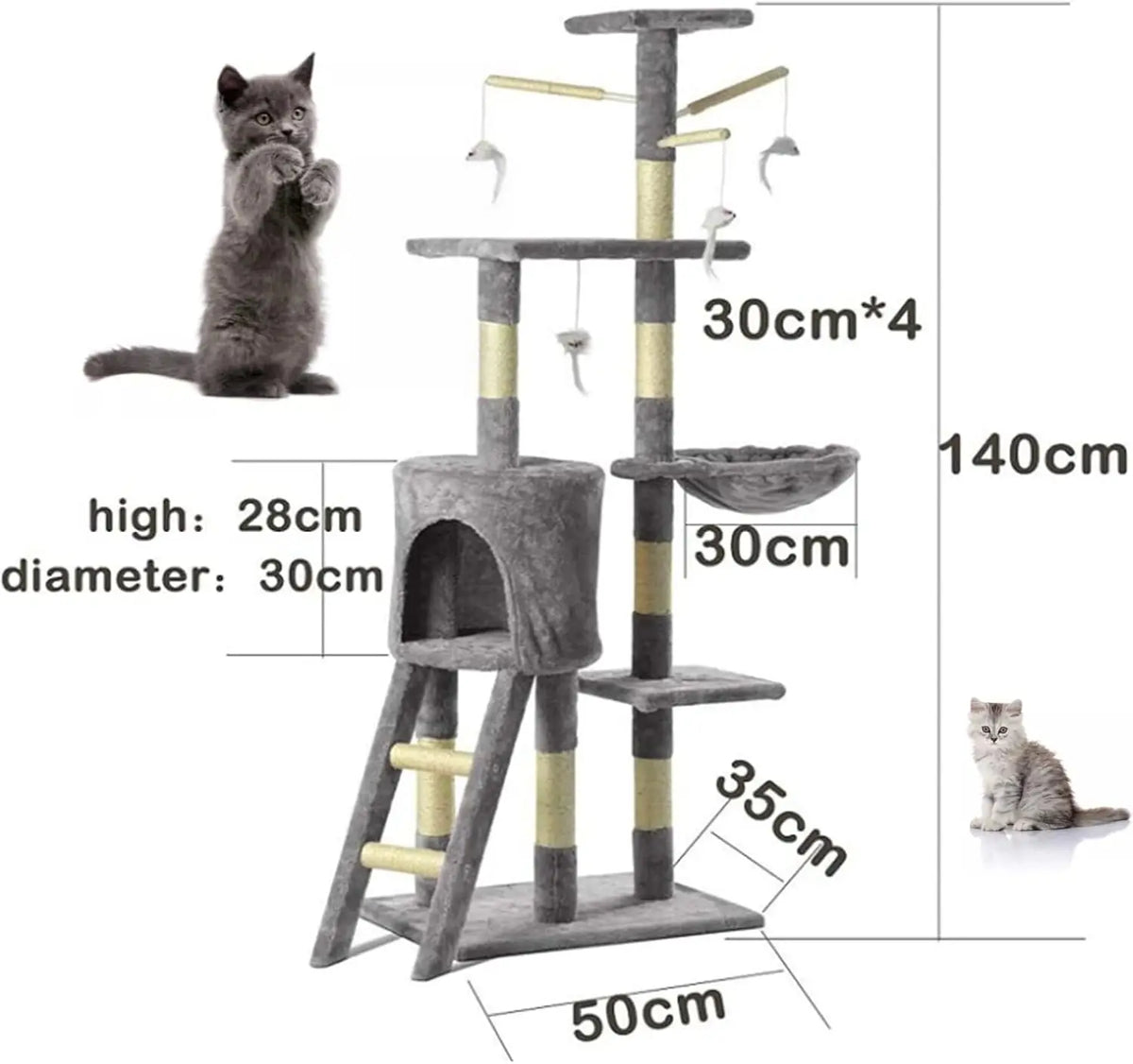 Multi-Level Cat Tree 140cm -Condo, Hammock &Scratching Post